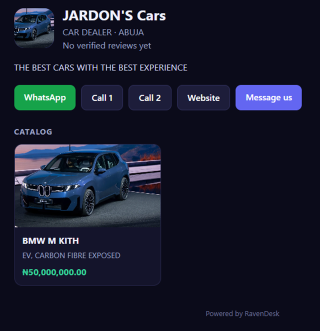 A RavenDesk business page with a logo, WhatsApp and call buttons, and a catalog item with its photo and price